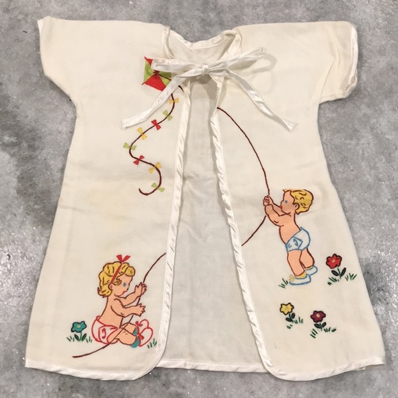 Vintage Infant Baby Robe Hand Painted Satin Tie 3-6 Months - Picture 1 of 10